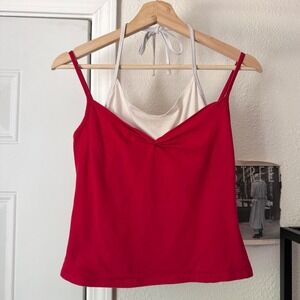 Vintage y2k red white layered spaghetti strap halter neck cropped knit tank top